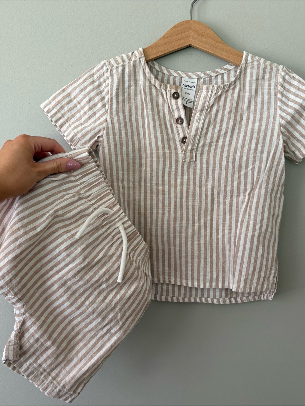 Carter's Cream & White Striped Short-Sleeve Henley Set